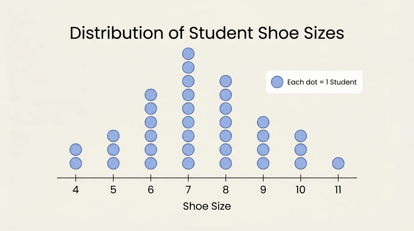 Simple dot plot style chart of student shoe sizes with repeated values and spread across sizes