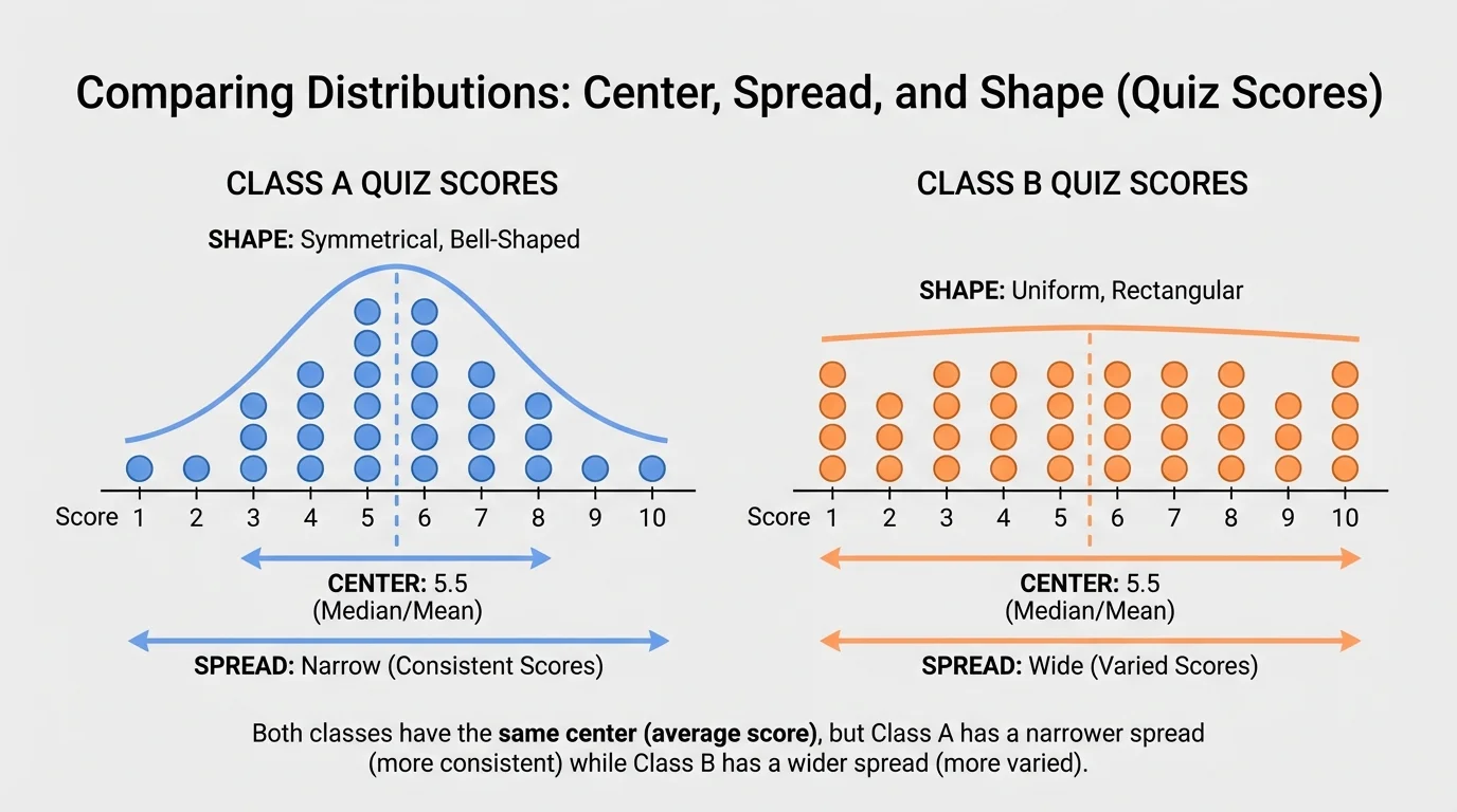 Side-by-side dot plots for Class A and Class B quiz scores, showing similar centers but different spreads