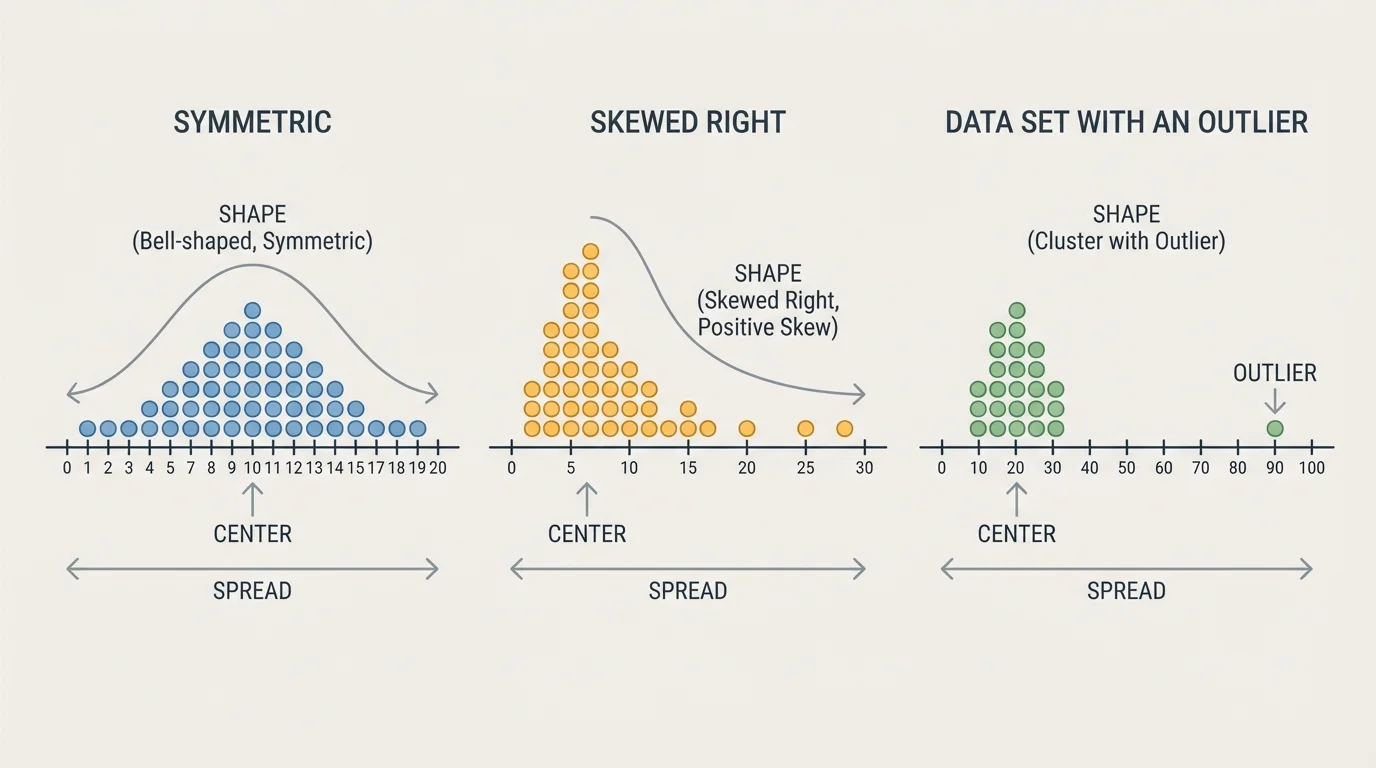 Three small dot plots labeled symmetric, skewed right, and data set with an outlier
