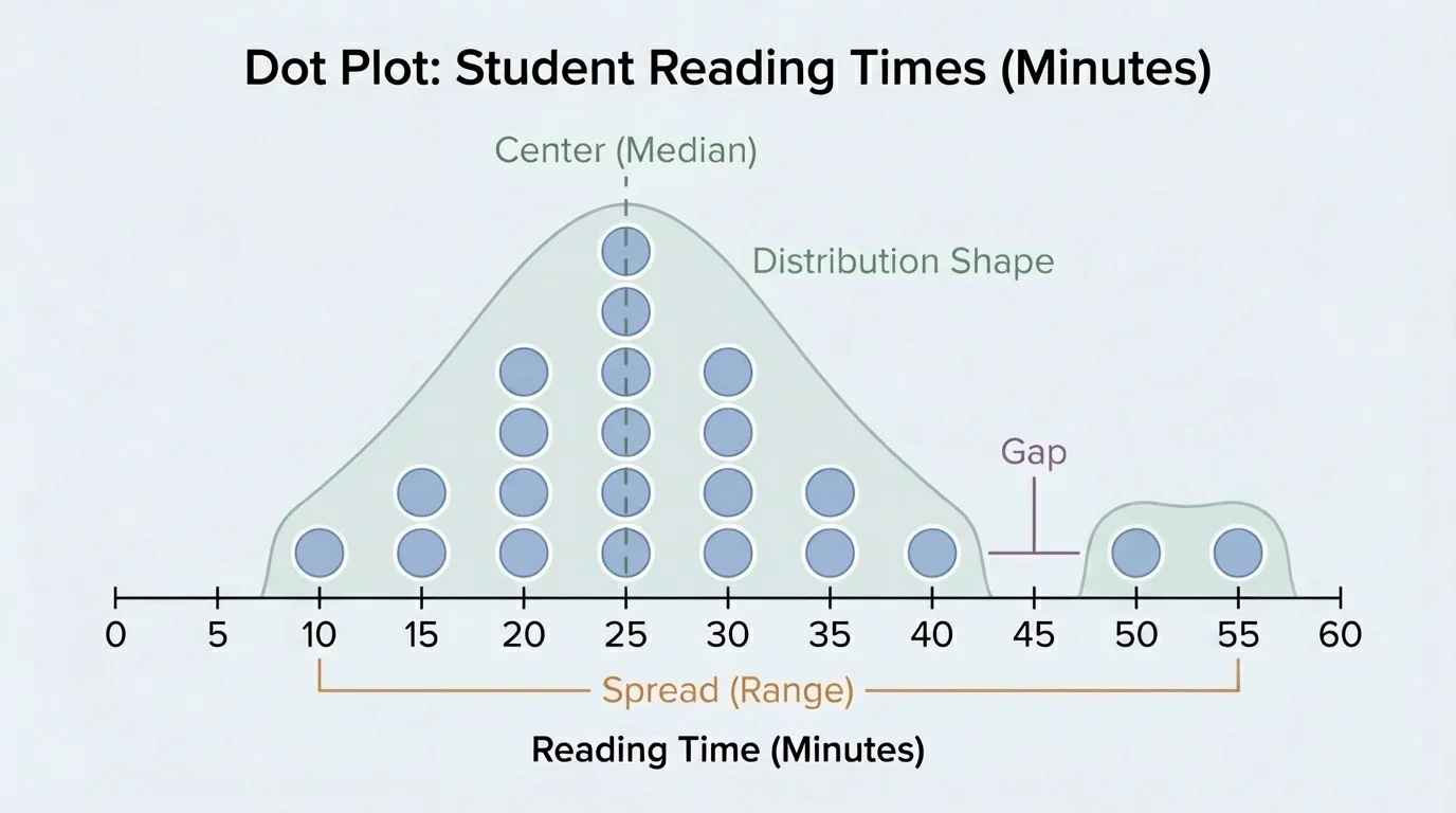 Dot plot of student reading times with stacked dots, showing center, spread, and a gap