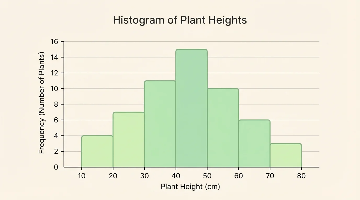Histogram of plant heights grouped into intervals with connected bars and labeled frequency axis
