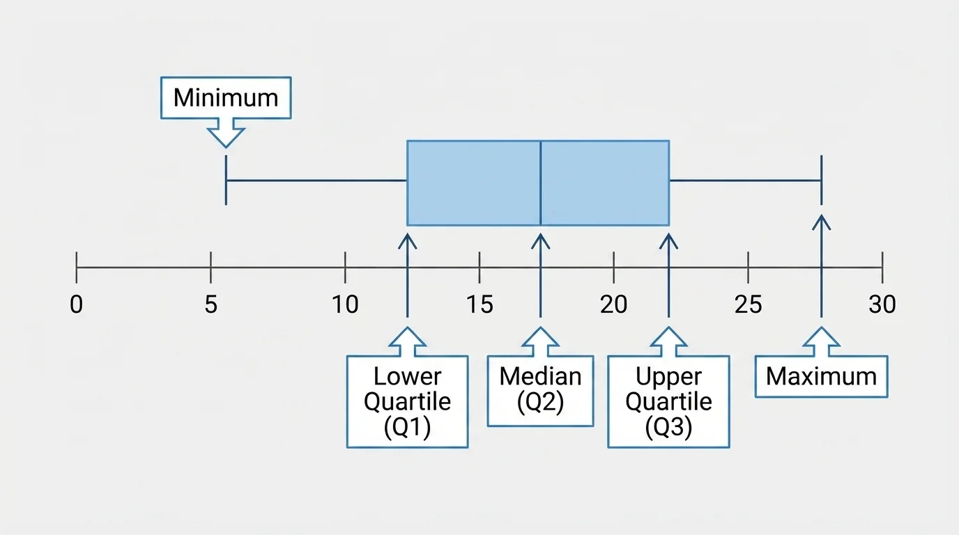 Box plot on a number line labeled minimum, lower quartile, median, upper quartile, and maximum