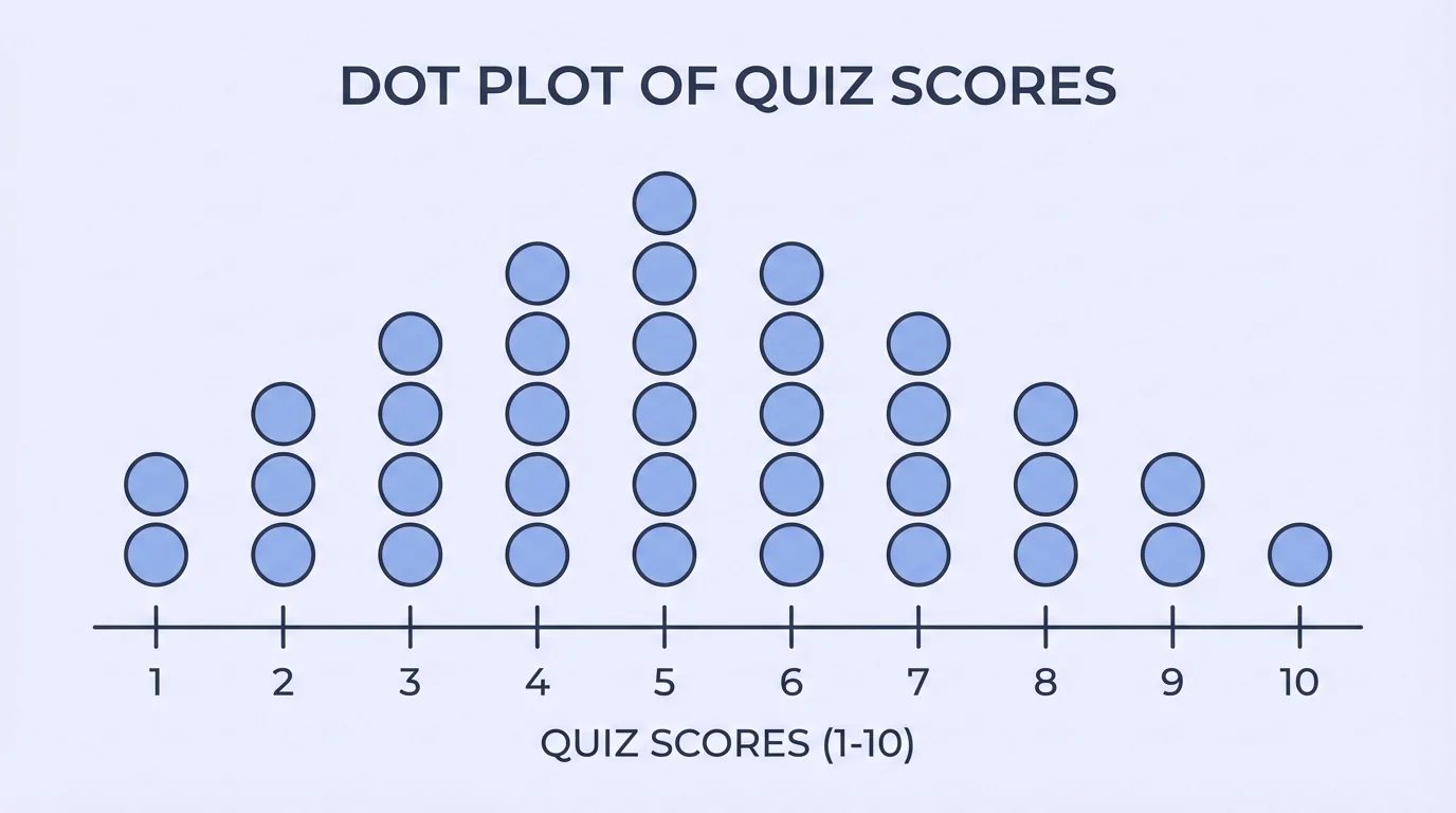 Dot plot of quiz scores from 1 to 10 with stacked dots showing repeated scores and a small gap