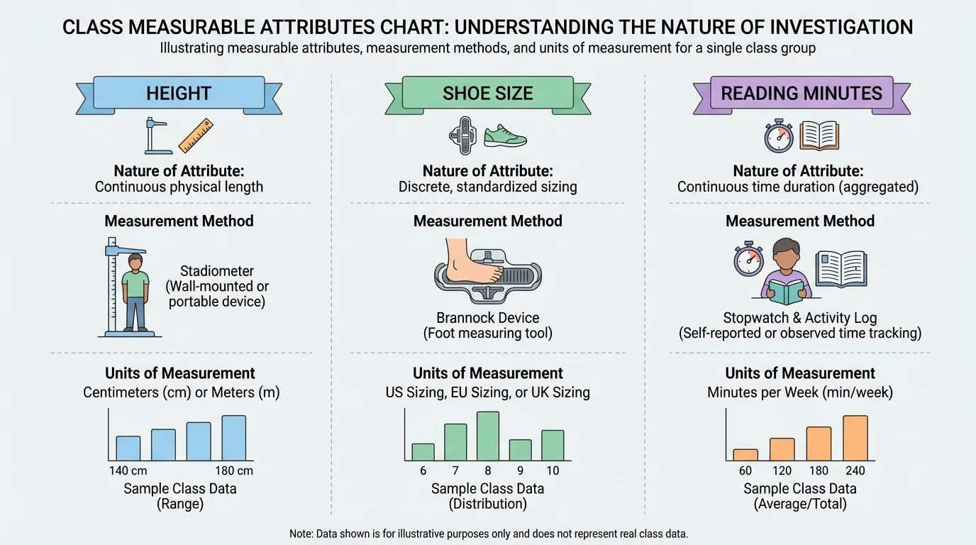 chart showing one class with different measurable attributes such as height, shoe size, and reading minutes