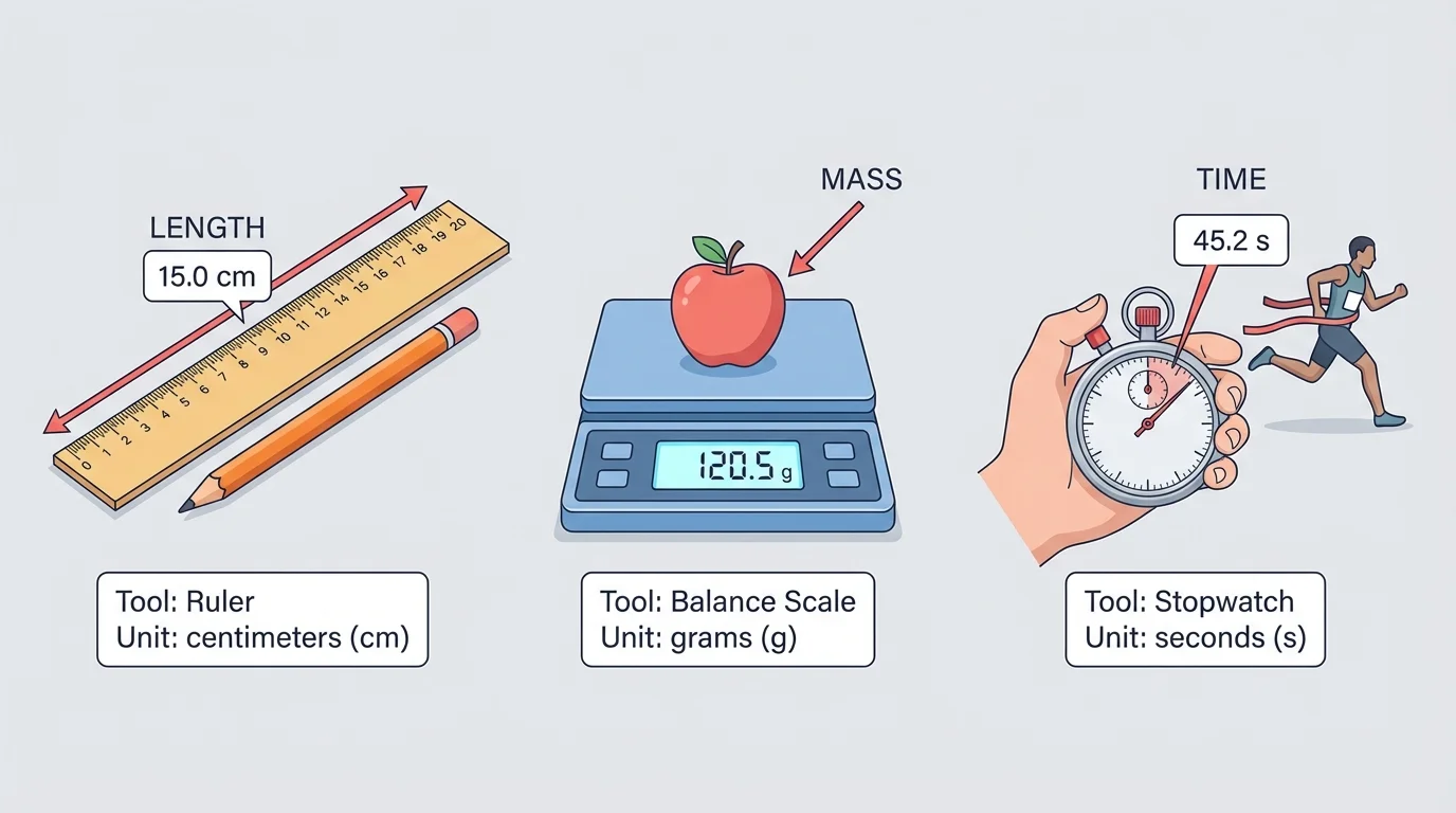 illustration of a ruler measuring pencil length, a scale measuring apple mass, and a stopwatch timing a race