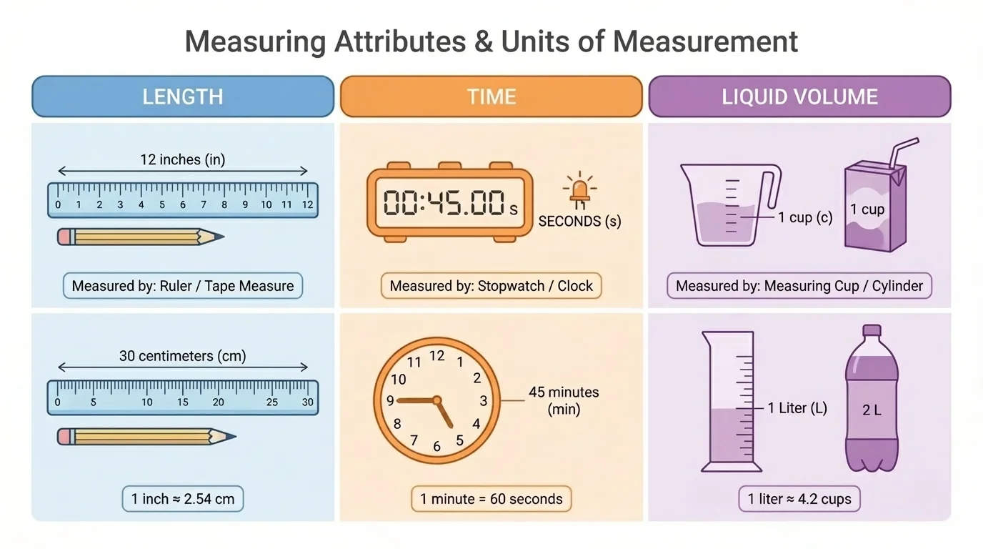 chart comparing length in inches and centimeters, time in seconds and minutes, and liquid in cups and liters