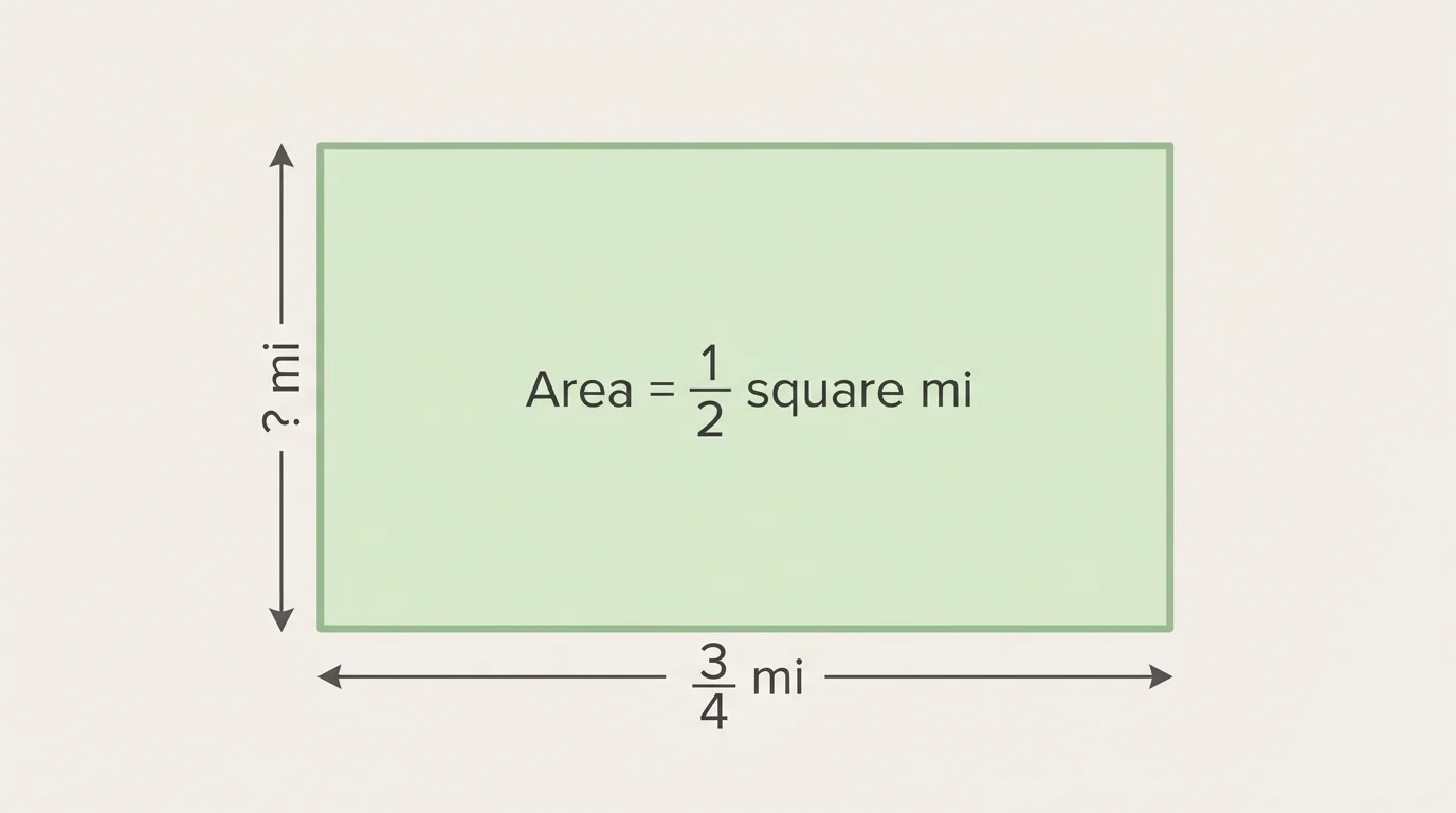 rectangle labeled area one-half square mile, length three-fourths mile on the bottom side, and unknown width on the vertical side