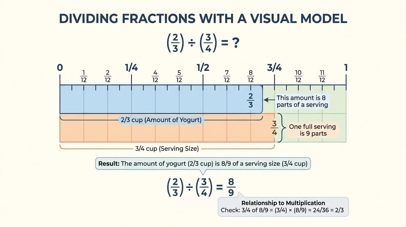 horizontal measuring bar divided into 12 equal parts with 8 parts shaded for two-thirds cup and a marked segment of 9 parts for one three-fourths-cup serving to show the amount is eight-ninths of a serving