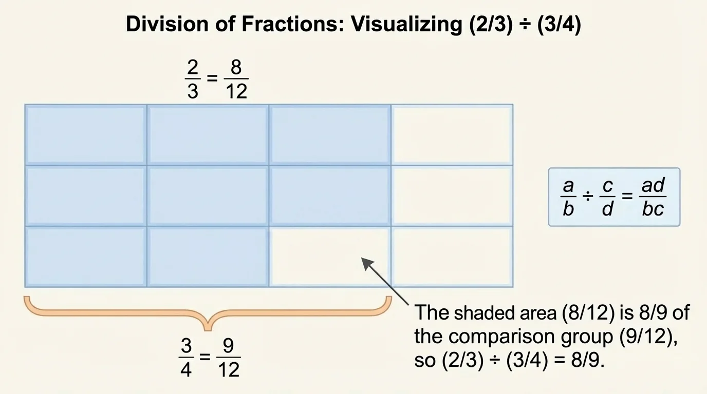 rectangle partitioned into 12 equal parts with 8 parts shaded for two-thirds and a comparison bracket showing a group of 9 parts for three-fourths to indicate the quotient eight-ninths