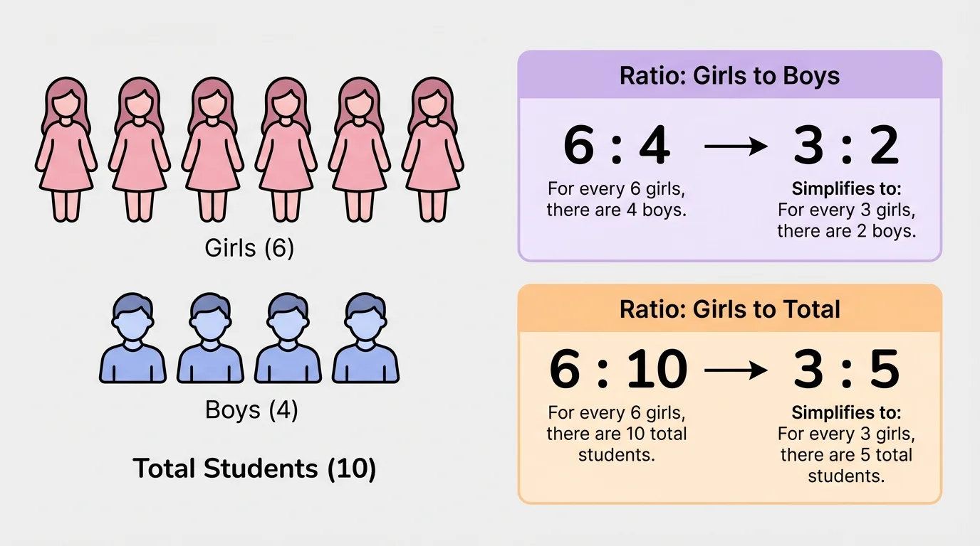 Student group icons showing 6 girls and 4 boys, with labels for girls to boys and girls to total as two different ratio comparisons