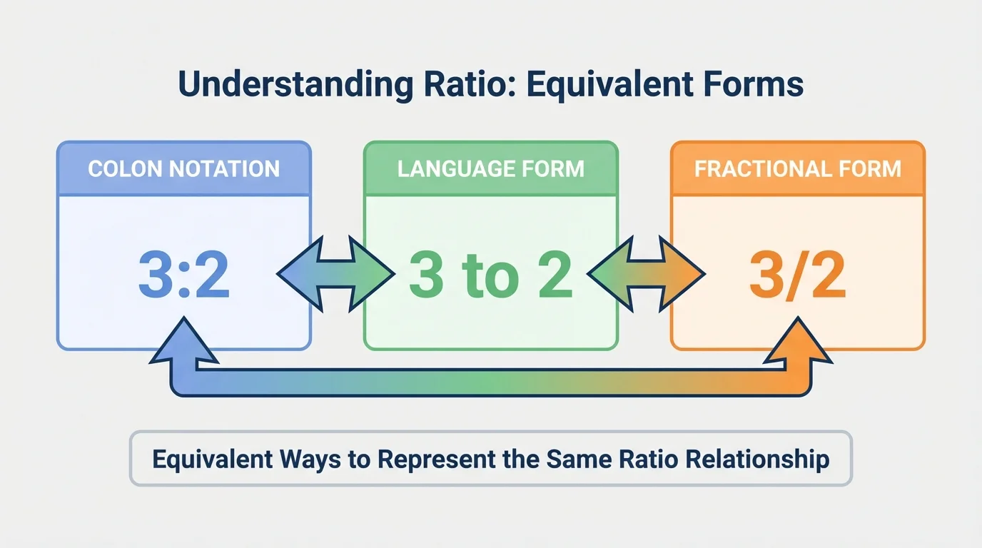 Comparison chart showing one ratio written as 3:2, 3 to 2, and 3/2 with arrows connecting the equivalent forms