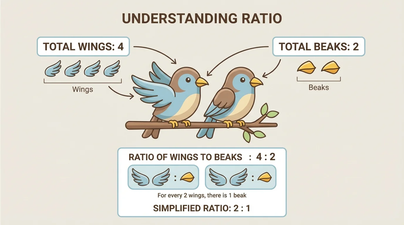 Two birds with 4 wings and 2 beaks, labels showing wings counted as 4 and beaks counted as 2, with a simple visual comparison of wings to beaks