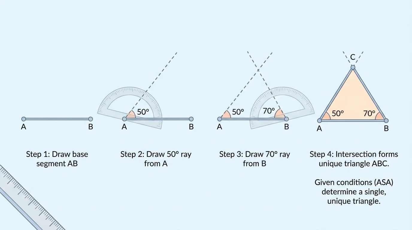 sequence showing a base segment AB, a 50 degree ray from A, a 70 degree ray from B, and the rays meeting at point C to form one triangle