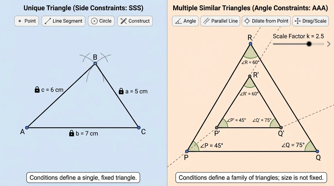 dynamic geometry software style view with one fixed triangle under side constraints and another draggable family of similar triangles under angle-only constraints