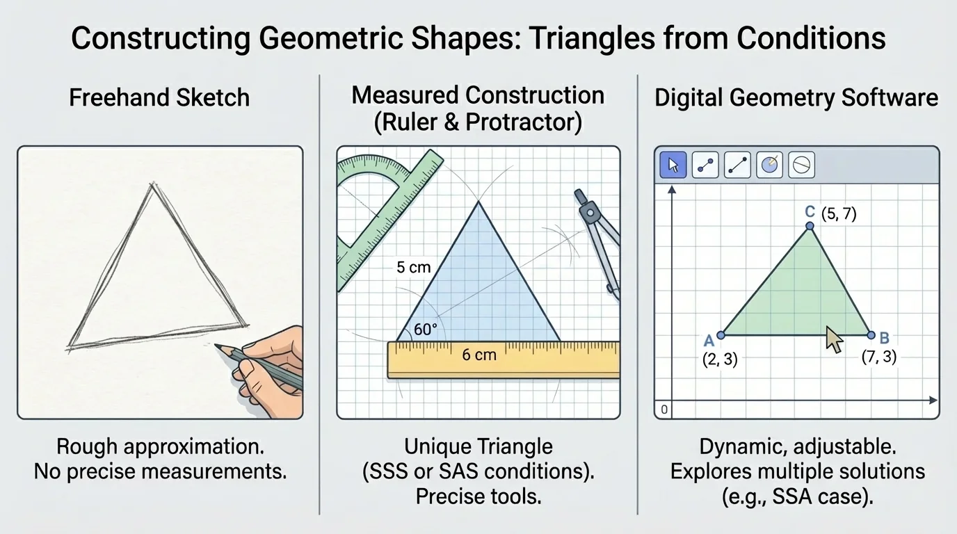 three side-by-side triangle drawings showing a rough freehand sketch, a measured ruler-and-protractor construction, and a digital geometry software style triangle with labeled points