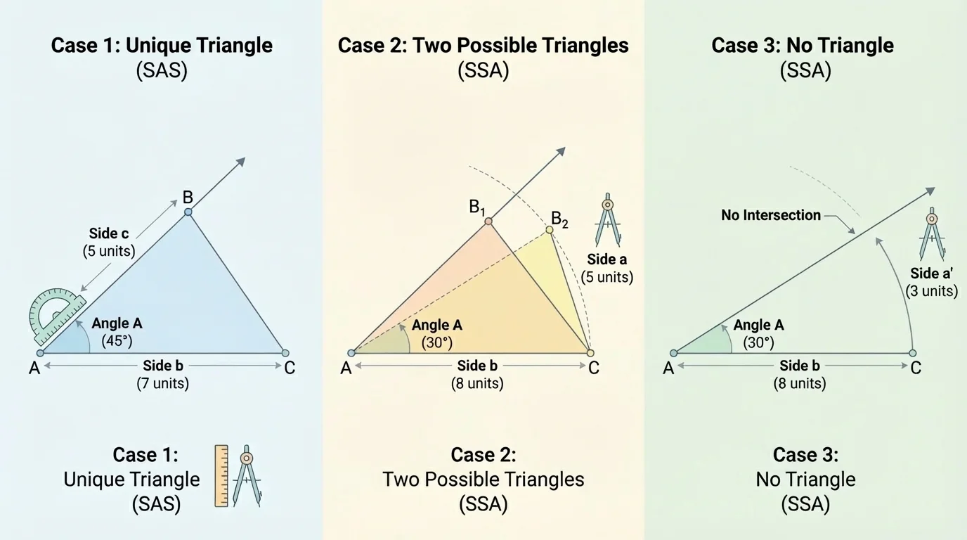 base segment with a ray from one endpoint, a circle or arc from the other endpoint, two intersection points creating two possible triangles, and a separate non-intersecting case indication