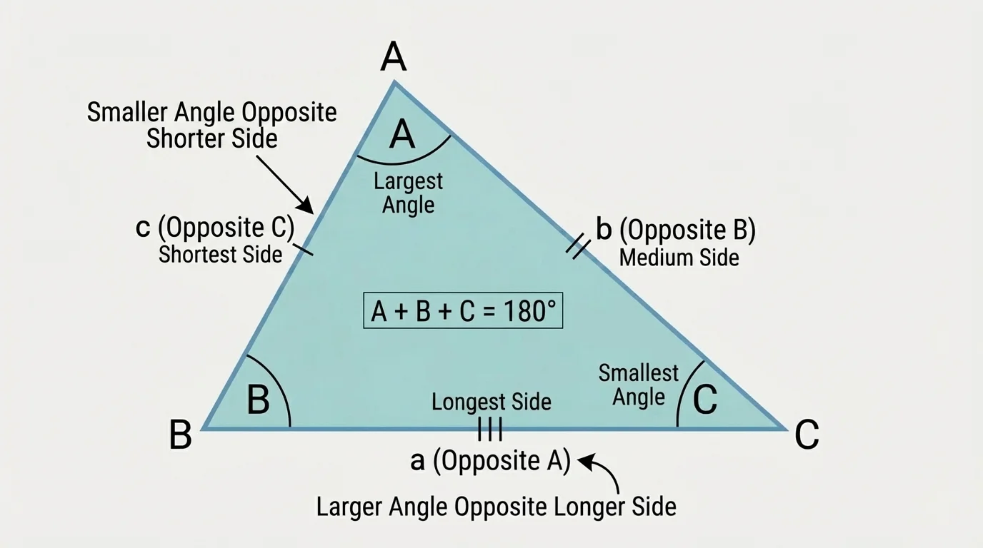 labeled triangle with angles A, B, C inside summing to 180 degrees and sides opposite them marked to show larger angle opposite longer side