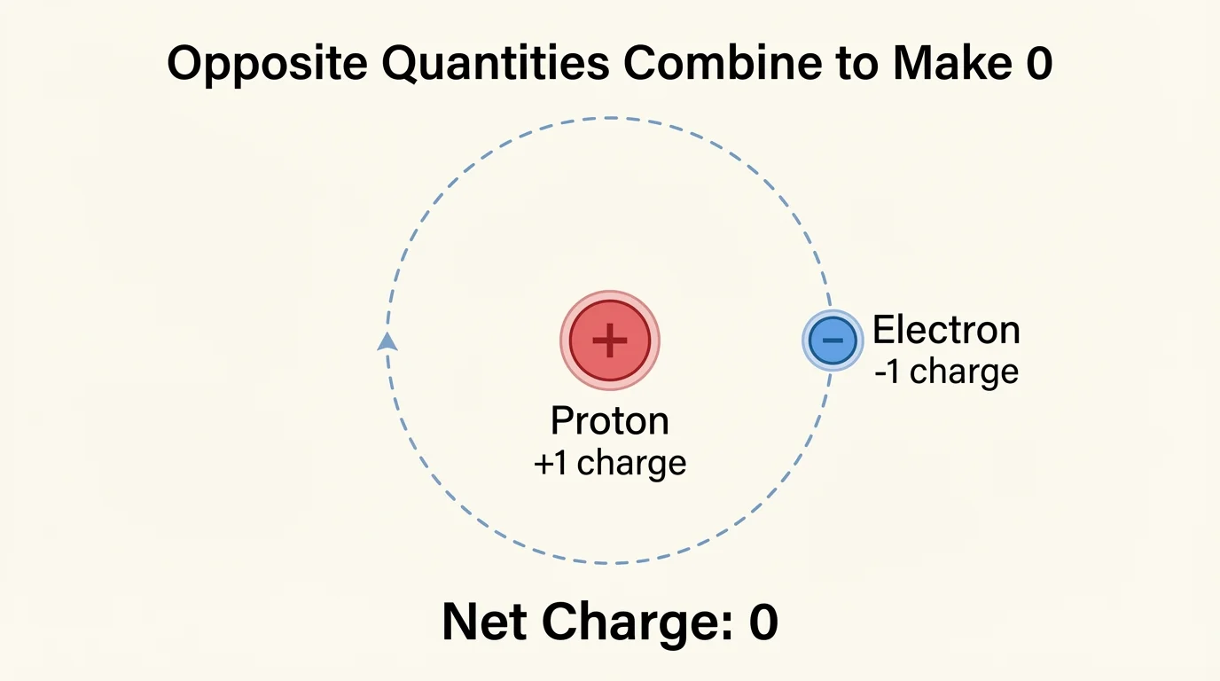 simple atom diagram with one proton labeled +1 charge and one electron labeled -1 charge, net charge 0