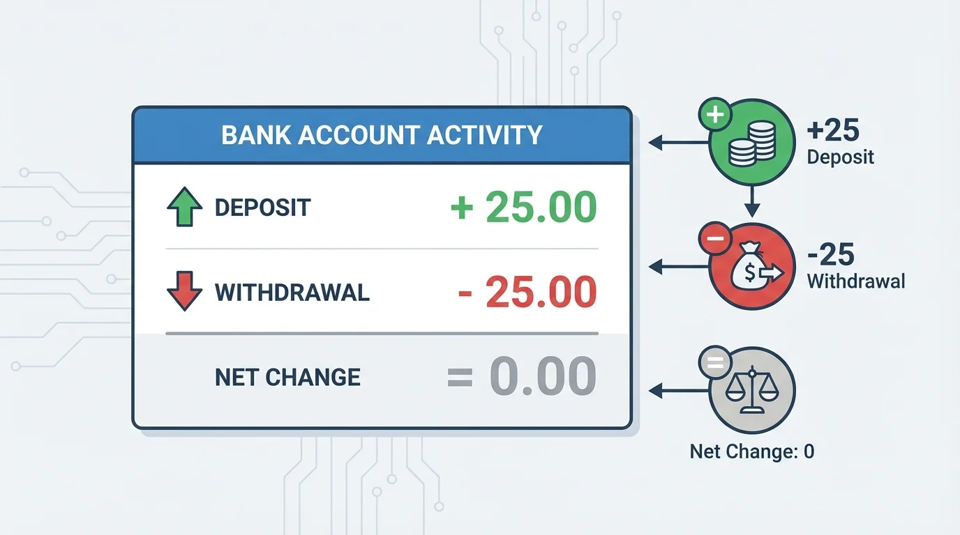 simple bank transaction scene showing +25 deposit and -25 withdrawal resulting in net change 0