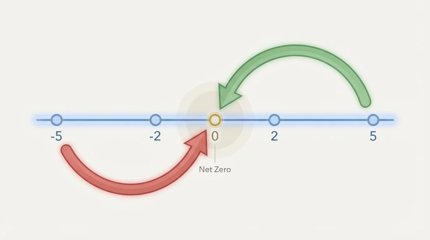 horizontal number line with points at -5, -2, 0, 2, 5 and arrows showing movement from 5 to 0 and from -5 to 0