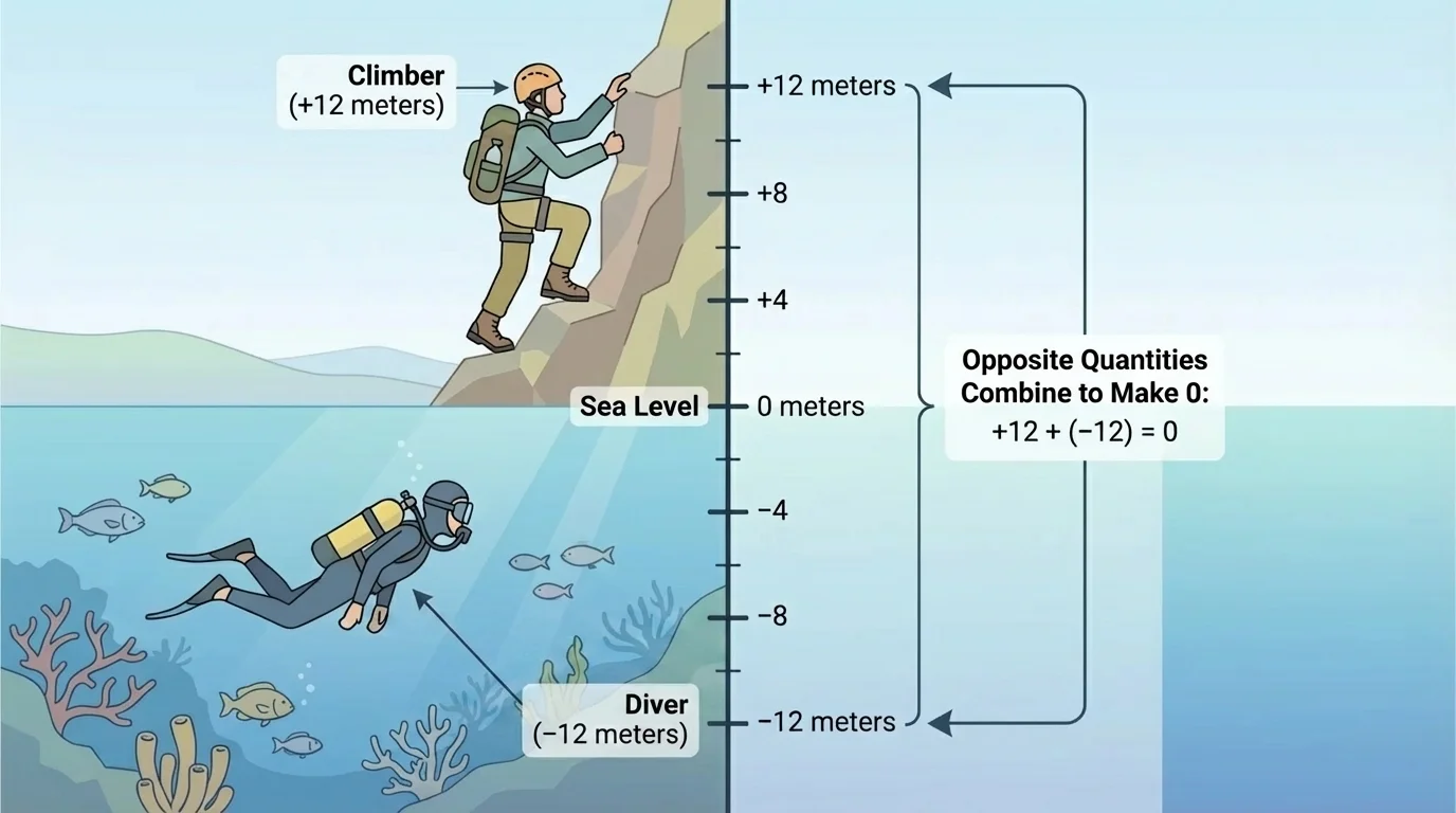 vertical number line with sea level at 0, diver at -12 meters below, climber at +12 meters above