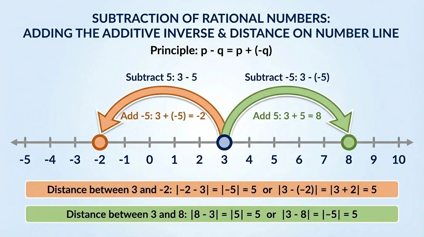 Horizontal number line with points marked, showing start at 3 and arrow left 5 units to -2 for 3 minus 5, and a second arrow right 5 units to 8 for 3 minus negative 5