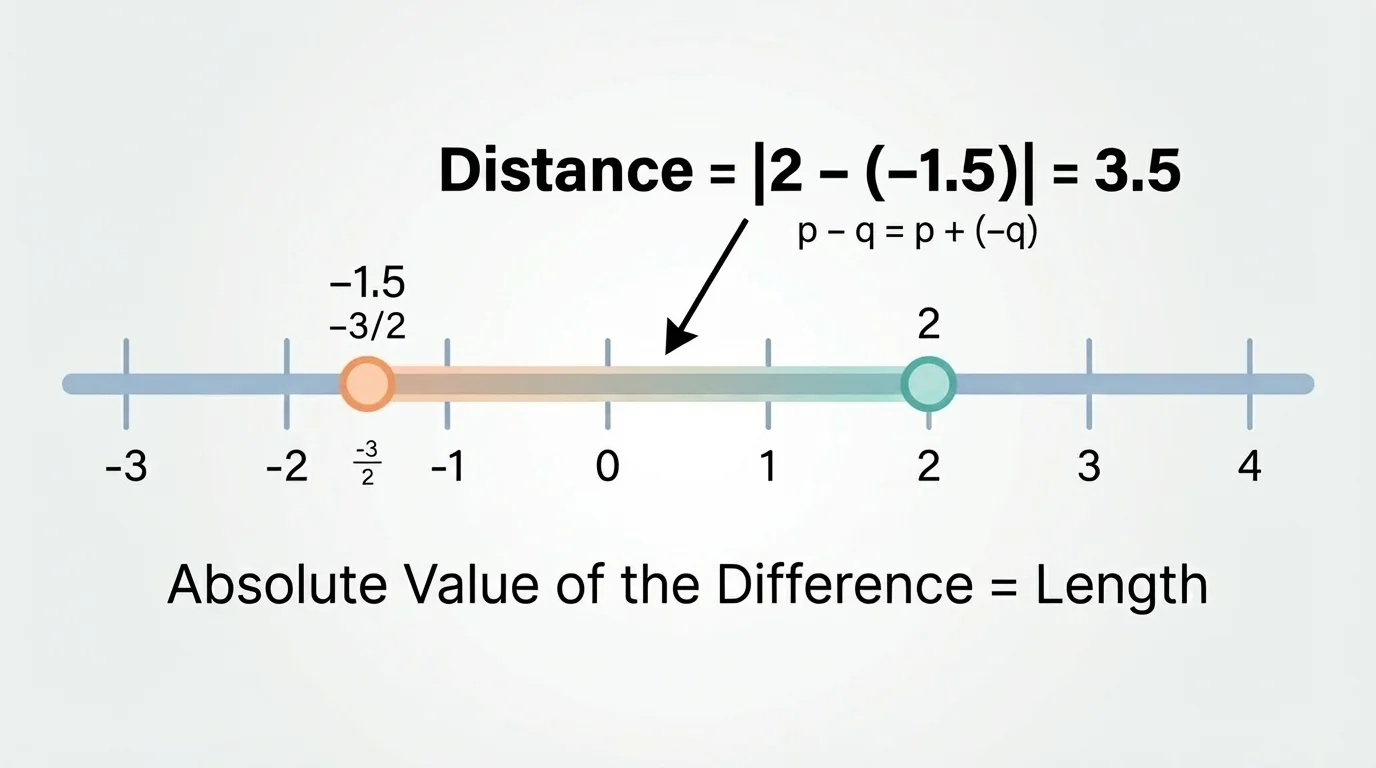 Number line with points at negative three halves and 2, highlighted segment between them, emphasizing the length between the points rather than direction