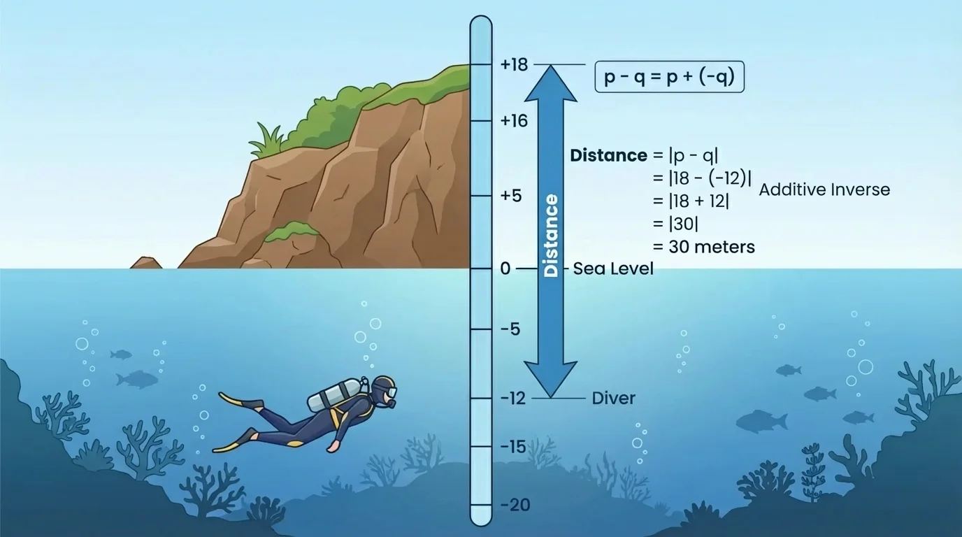 Vertical number line with sea level at 0, diver at -12 meters, cliff at 18 meters, and highlighted distance between the two positions