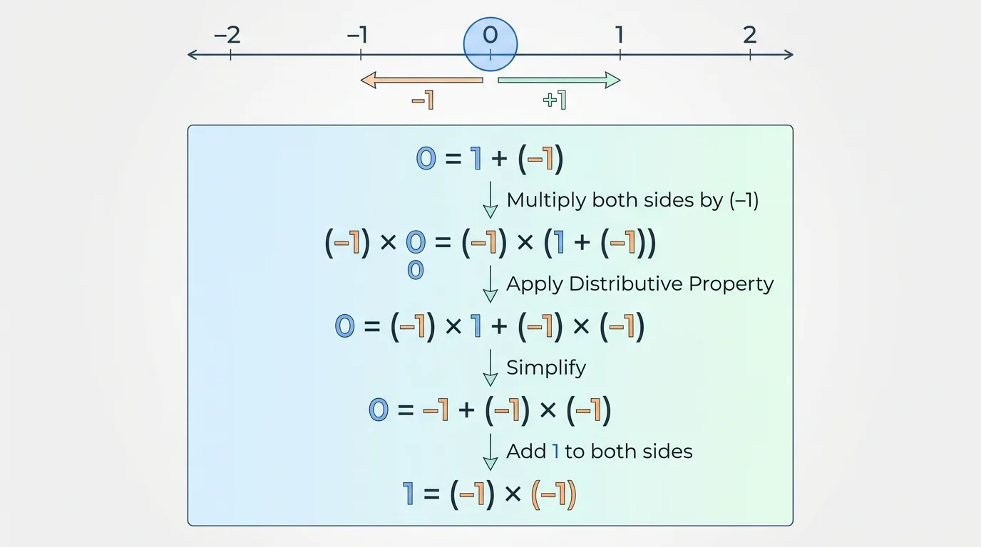 Number line and algebra notes showing zero split as 1 plus negative 1, then multiplied by negative 1 to deduce that negative 1 times negative 1 equals positive 1