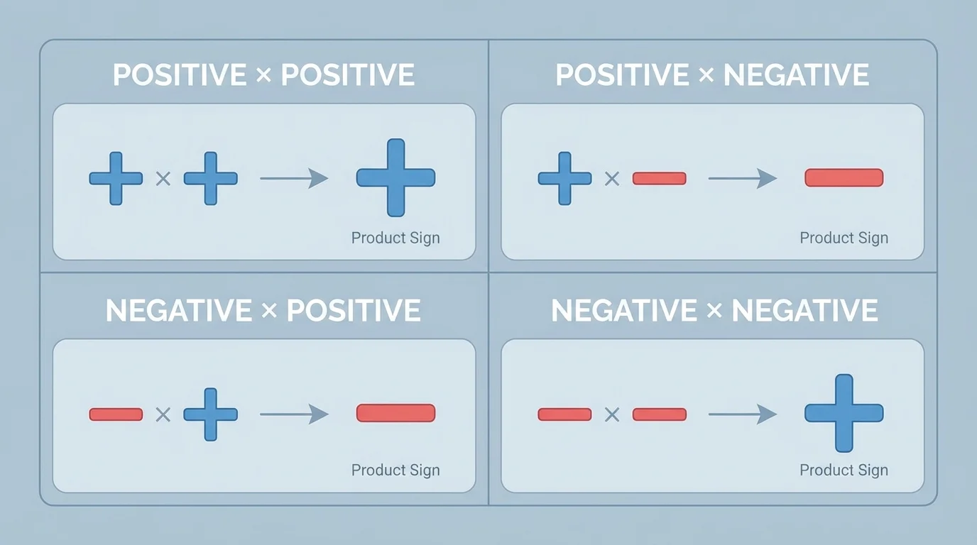 Four-box sign chart comparing positive times positive, positive times negative, negative times positive, and negative times negative, with the product sign in each box