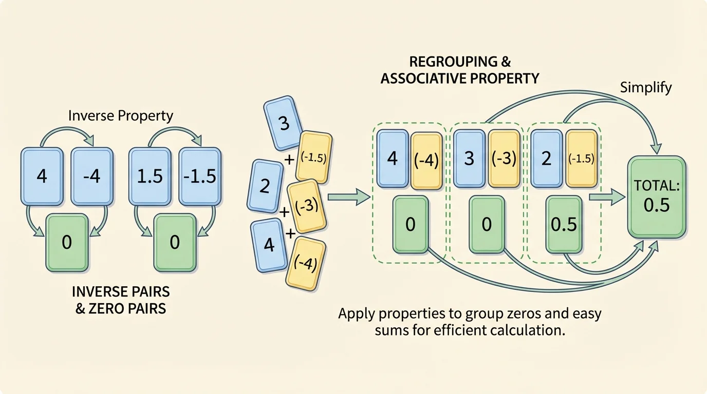 Number cards showing inverse pairs such as 4 and -4, 1.5 and -1.5, plus regrouped sums that make zero or easy totals
