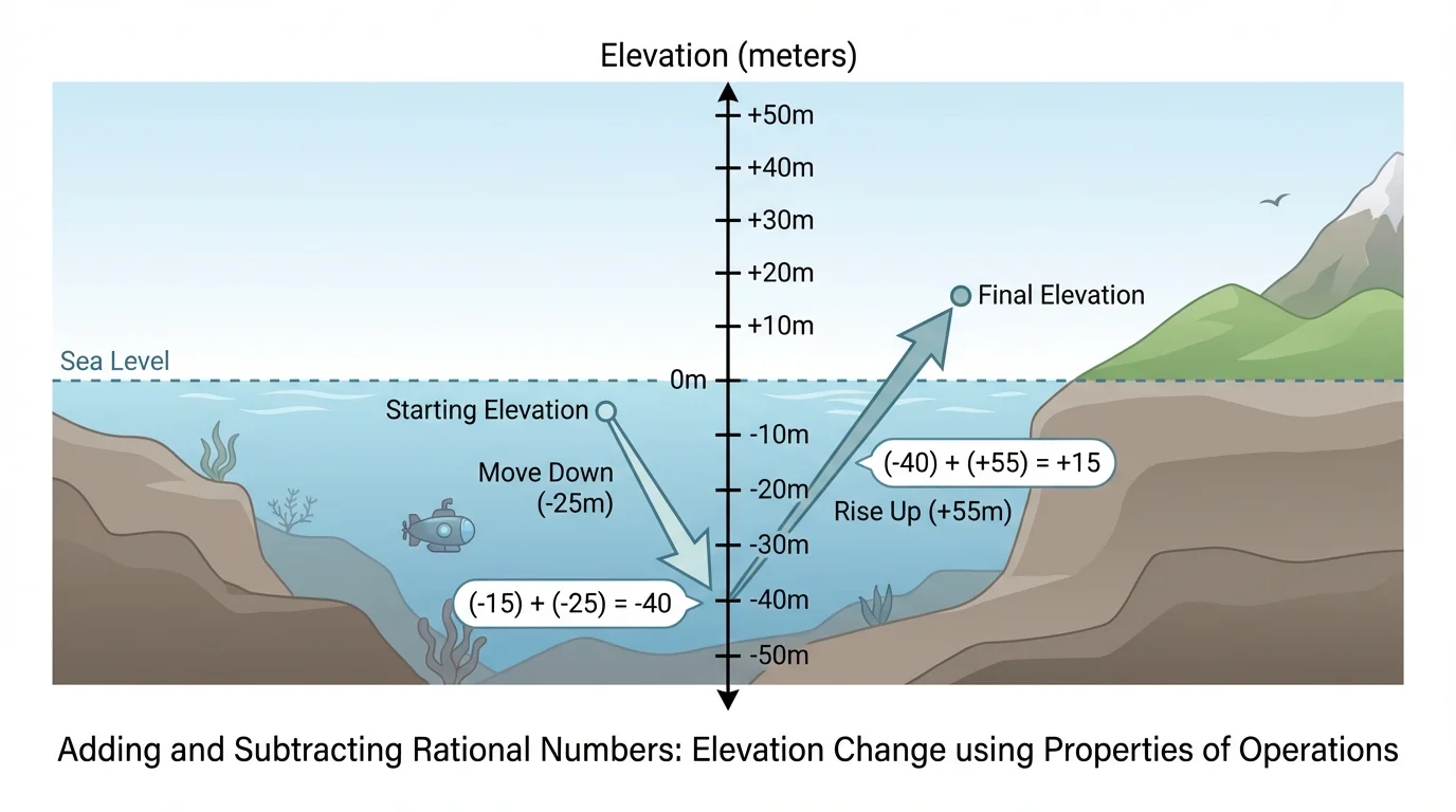 Vertical number line labeled with elevations below and above sea level, arrows showing moving down below 0 and then rising upward