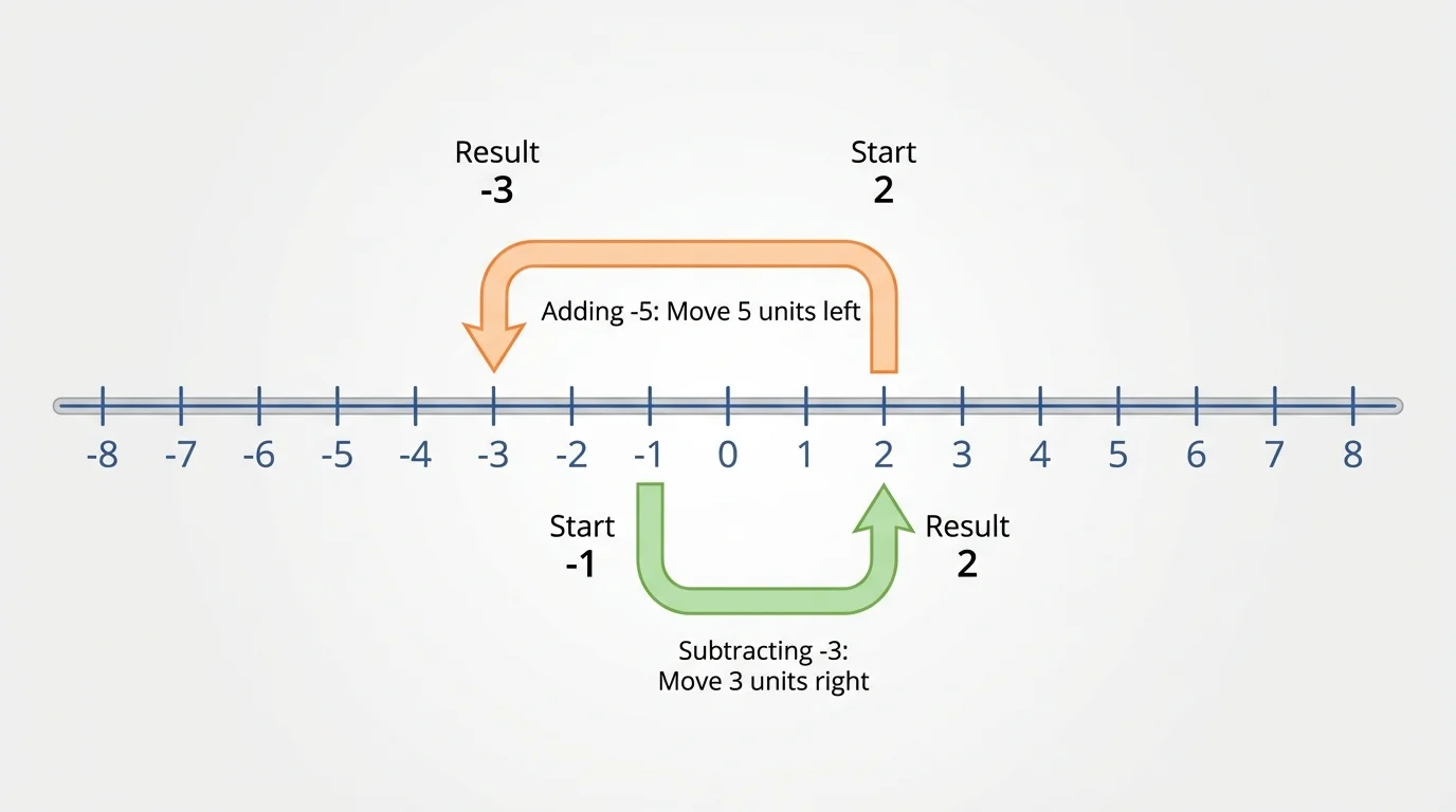 Horizontal number line from -8 to 8 with arrows showing start at 2 moving left 5 for adding -5, and start at -1 moving right 3 for subtracting -3