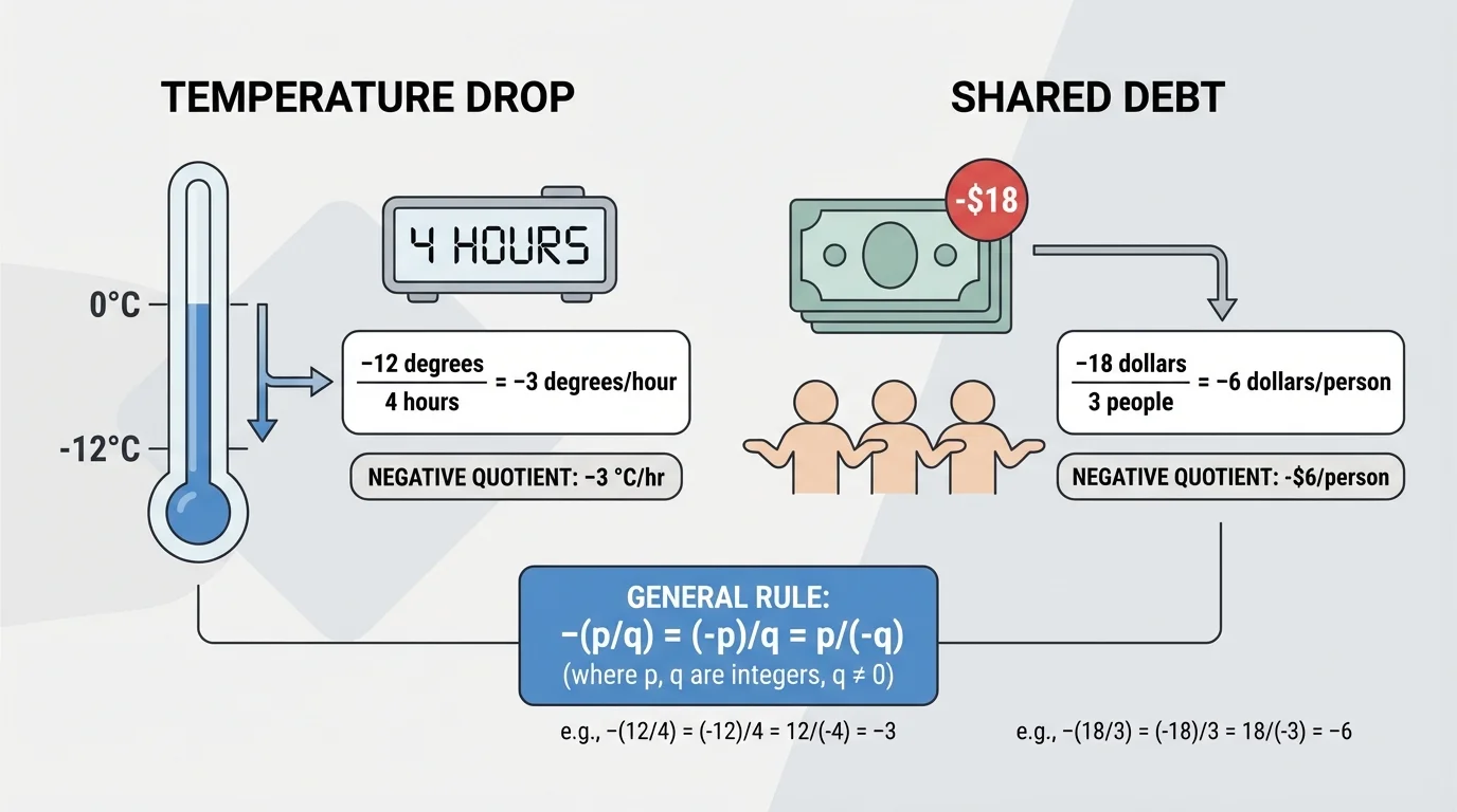 illustration showing a temperature drop of 12 degrees over 4 hours and a debt of 18 dollars shared among 3 people, each example labeled with a negative quotient outcome