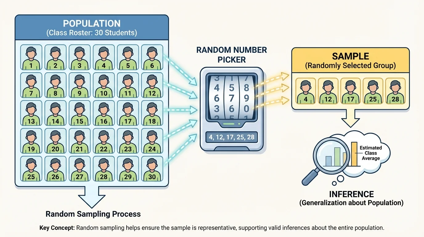 class roster with students numbered 1 through 30 and a random number picker selecting several numbers to form a sample