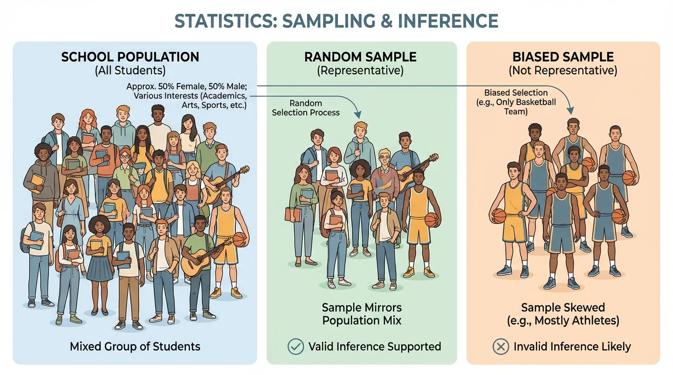 comparison chart showing a mixed school population, a random sample with similar mix, and a biased sample taken only from the basketball team