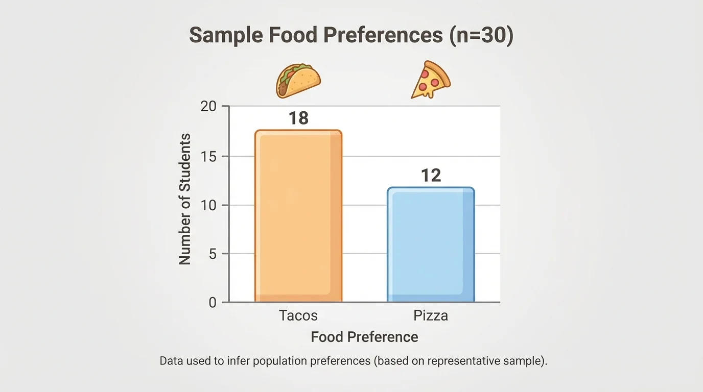 bar chart of a sample of 30 students with 18 choosing tacos and 12 choosing pizza