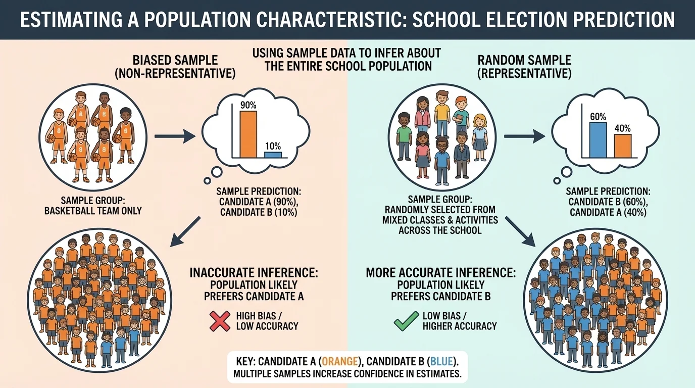 Two side-by-side school survey groups, one made only from basketball team students and one randomly selected from mixed classes and activities across the school