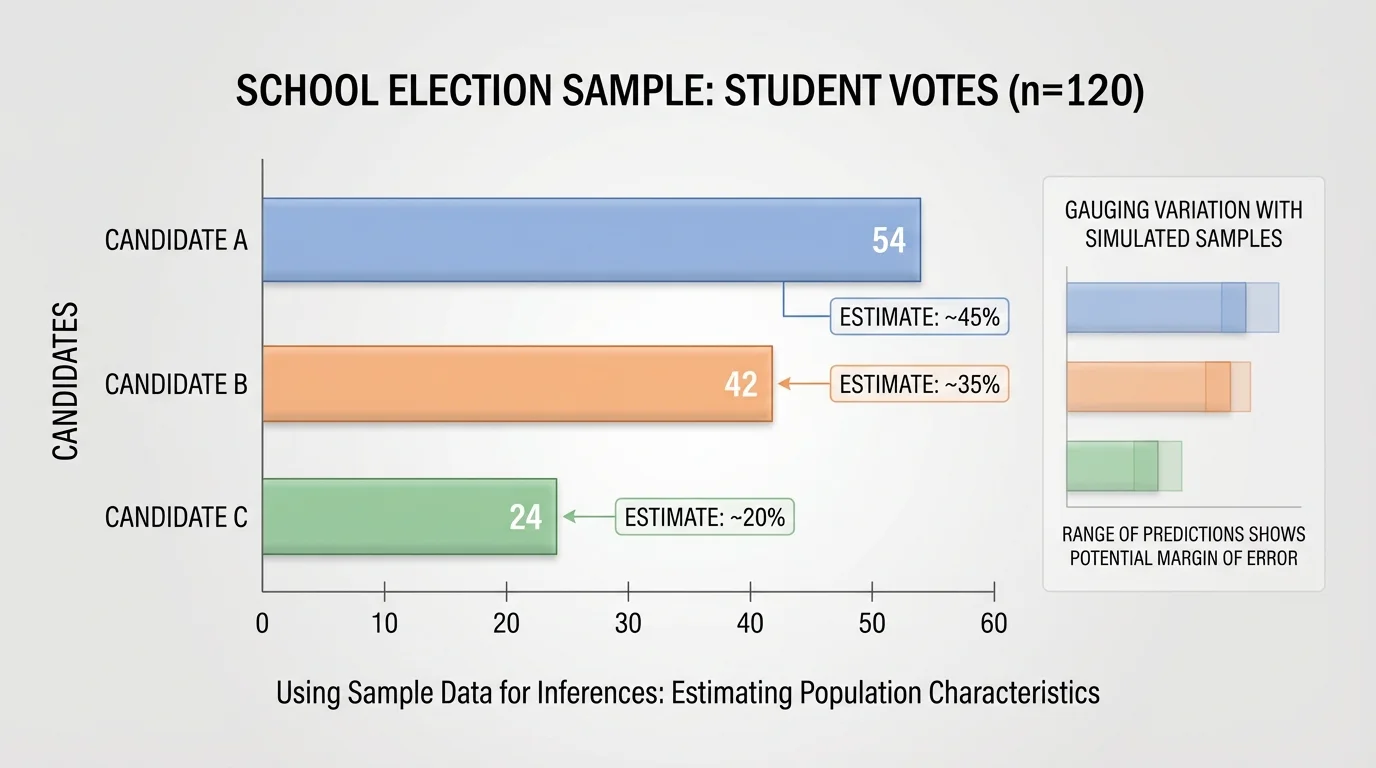 Bar chart of a school election sample with Candidate A at 54 students, Candidate B at 42 students, and Candidate C at 24 students