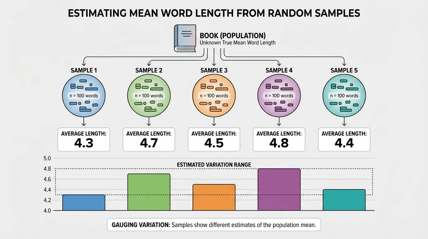 Simple chart with five equal-size random samples of word lengths from a book, showing average lengths such as 4.3, 4.7, 4.5, 4.8, and 4.4
