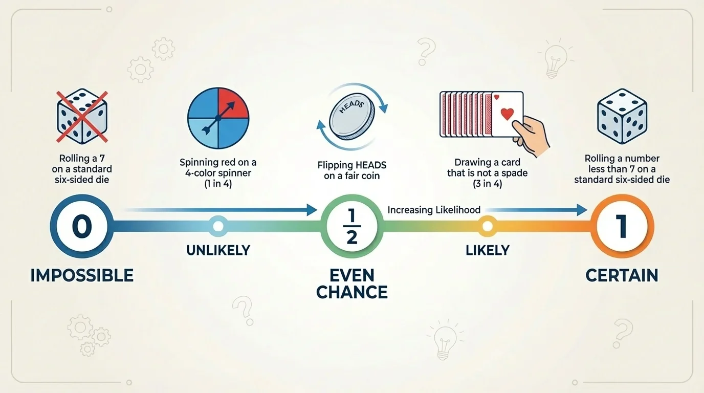 probability scale from 0 to 1 labeled impossible, unlikely, even chance, likely, certain, with example events placed along the scale such as rolling a 7 on a six-sided die at 0, flipping heads at 1/2, and rolling a number less than 7 at 1