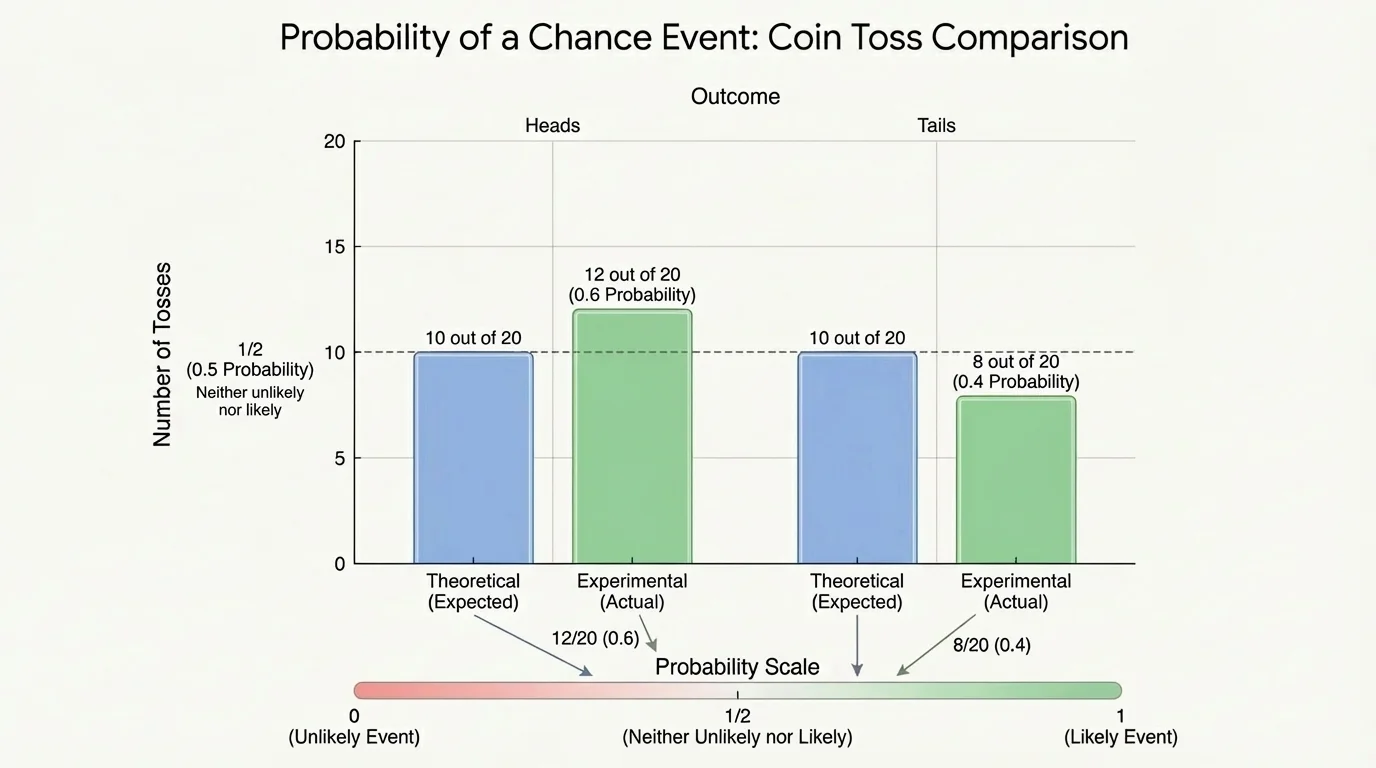 bar chart comparing theoretical and experimental coin toss results, with heads and tails expected at one-half and an example experimental result such as 12 heads and 8 tails out of 20 tosses