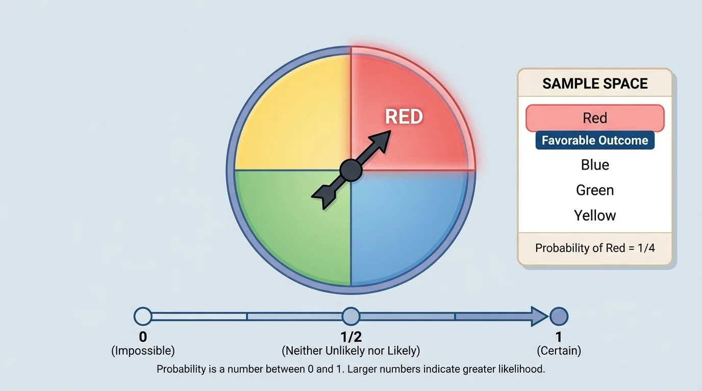 spinner divided into 4 equal colored sections red blue green yellow with a small side list of the sample space and one highlighted favorable outcome red