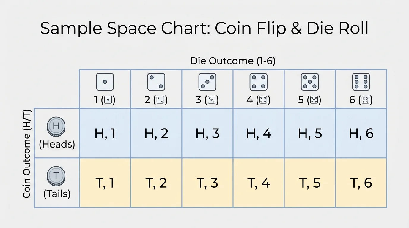 chart showing ordered outcomes for coin result first and die result second, with rows for H and T and columns for die numbers 1 through 6