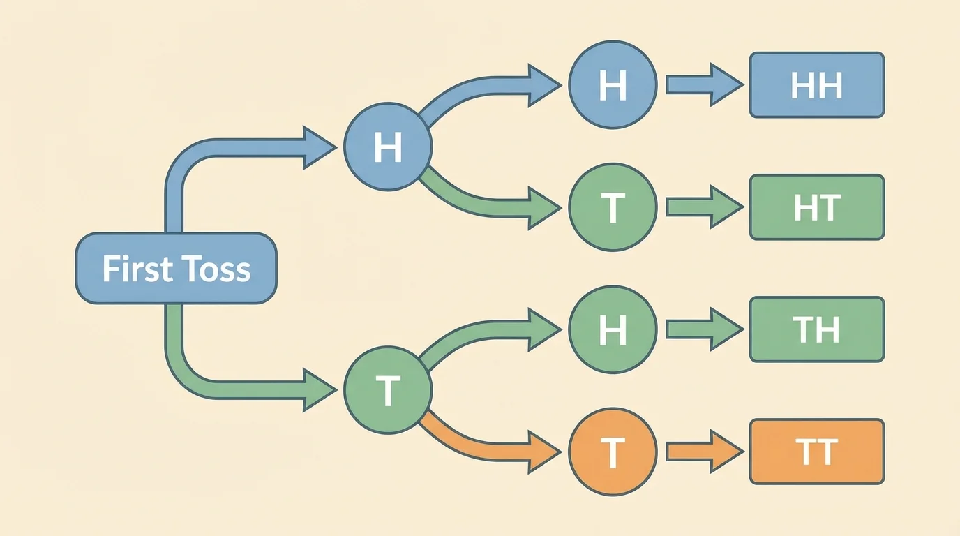 flowchart tree with first toss branches H and T, then second toss branches H and T, ending in HH, HT, TH, TT