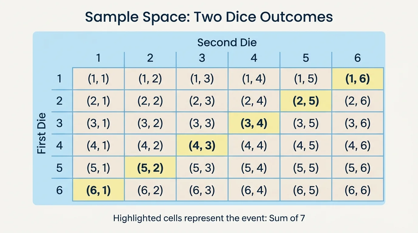 chart of a 6 by 6 table of ordered pairs for two dice outcomes, with the cells for sum 7 lightly highlighted