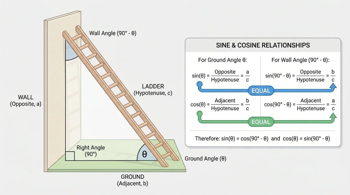 Ladder leaning against a wall on level ground, forming a right triangle with ground angle and wall angle labeled as complementary