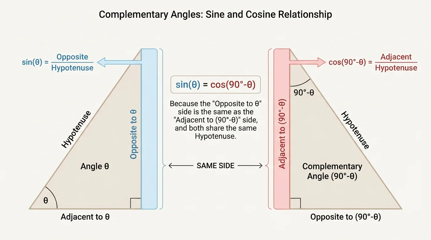 Single right triangle highlighted twice to compare side roles for theta and its complement, emphasizing opposite-to-theta equals adjacent-to-complement