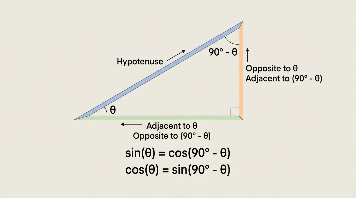 Right triangle with acute angles theta and 90-theta, hypotenuse labeled, and each leg marked opposite or adjacent relative to each angle