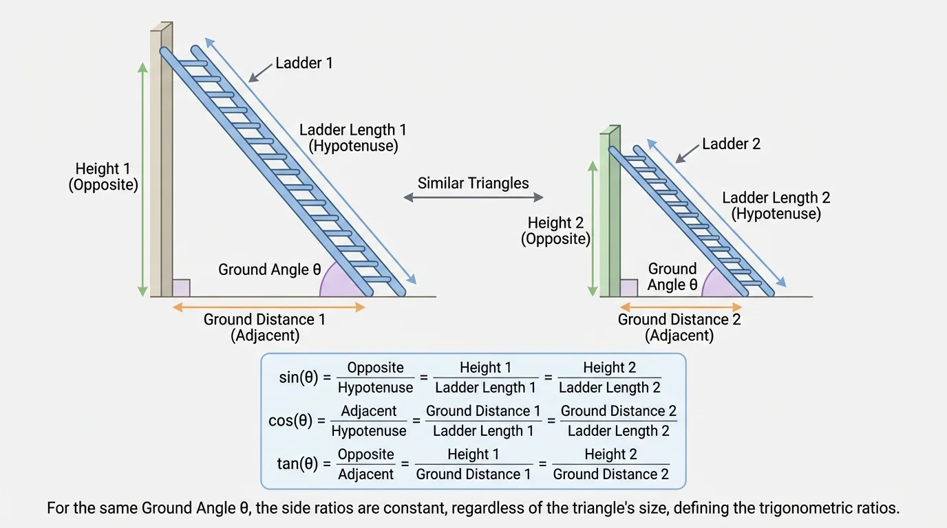 Ladder leaning against a wall with height, ground distance, and ground angle labeled as a right-triangle model